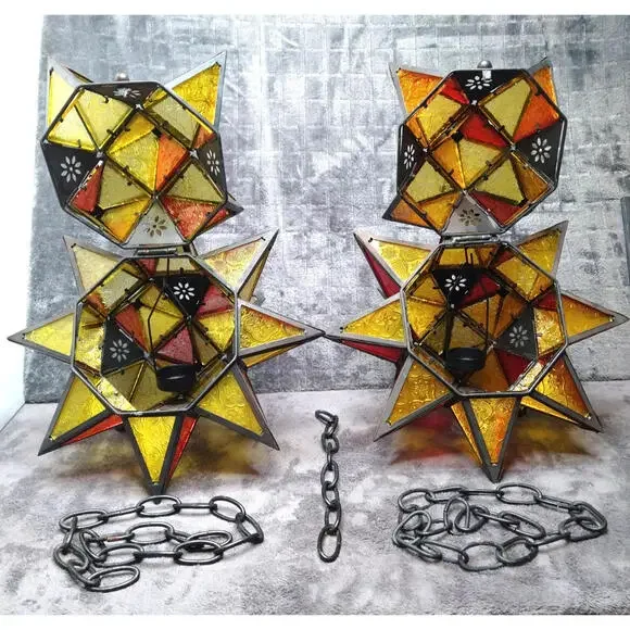 Moroccan Moravian Stained Glass 14" Star Hanging Tealight Candle Holder 2PC Set - Picture 7 of 10